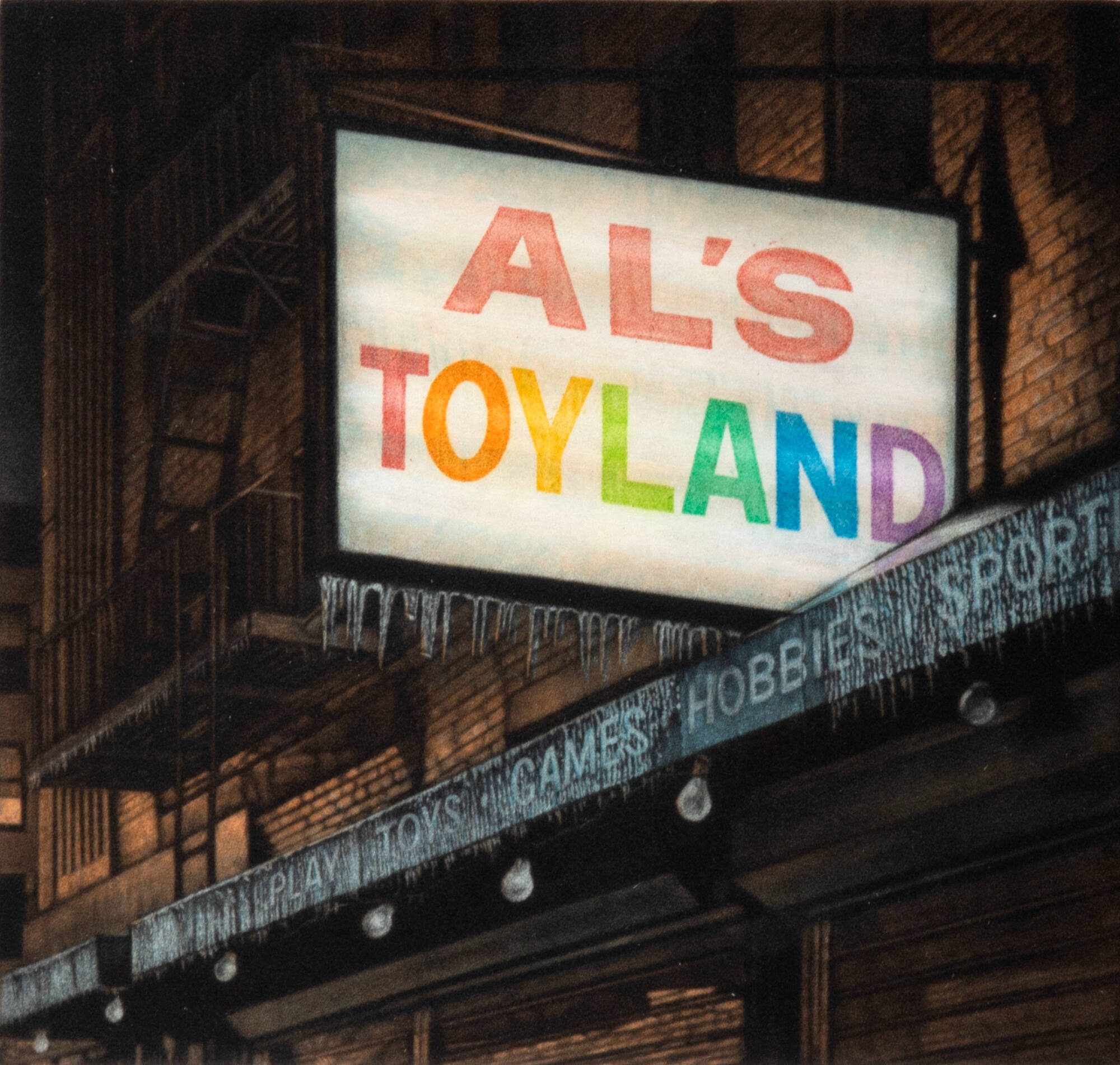 Colorful print of the exterior of a building with icicles and a sign that reads "Al's Toyland."